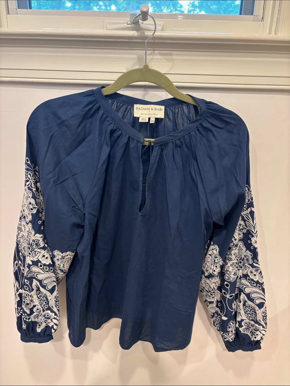 Sachin + Babi Navy Blouse with White Floral Embroidered Sleeves